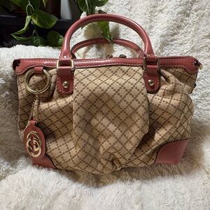 Gucci Beige Monogram Satchel with Pink-Brown Trim